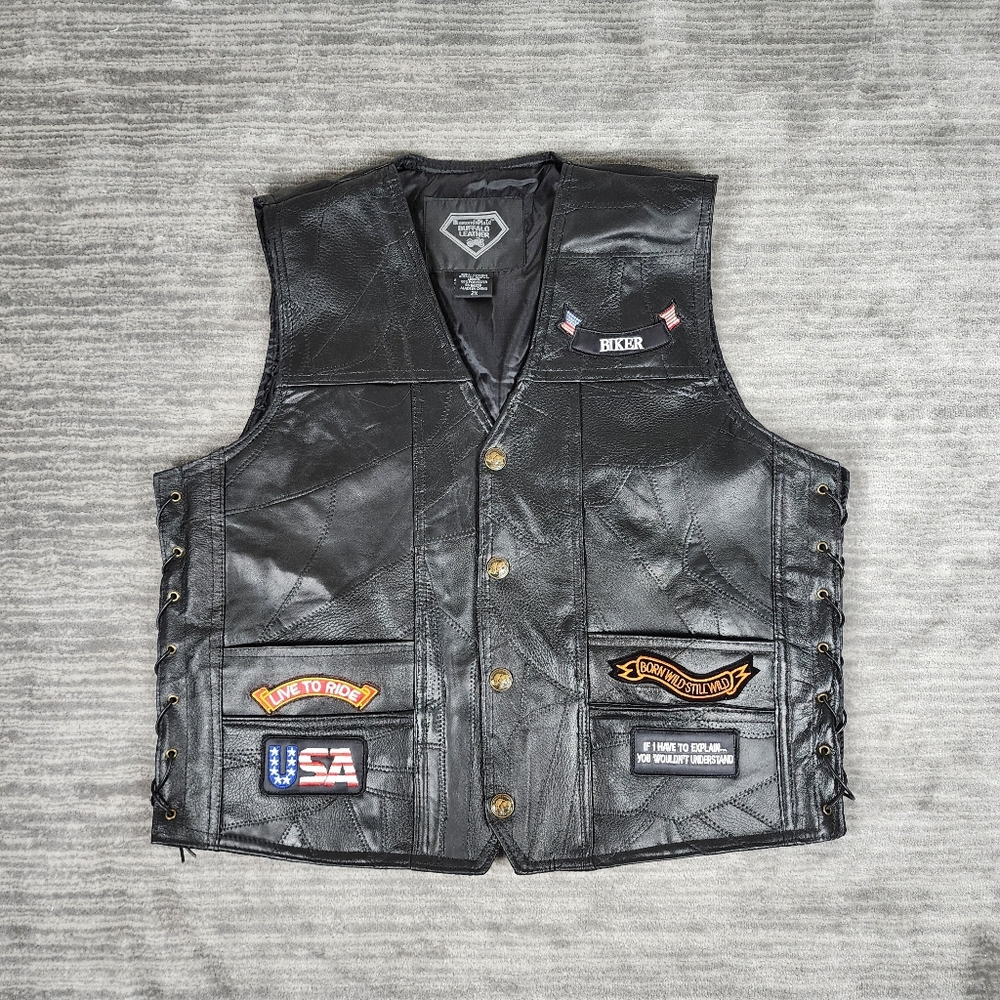 Leather Biker Vest with Patches Galore!